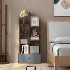 Costway Industrial Bookshelf Rustic Wooden Shelf Organizer With Non-woven Fabric Drawer -Costway GUEST db9e10b3 f717 49fc b758 b094baaa85e4