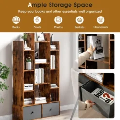 Costway Industrial Bookshelf Rustic Wooden Shelf Organizer With 2 Non-woven Fabric Drawer -Costway GUEST dbc2b8f8 a93c 4b39 82c6 c1ff2c43dcd7