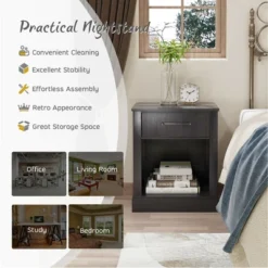 Costway 2PCS Nightstand With Drawer And Shelf Rustic Wooden Bedside Table Bedroom Brown / Natural / Black -Costway GUEST dc189708 8d16 41aa 8086 f05daa3032ad