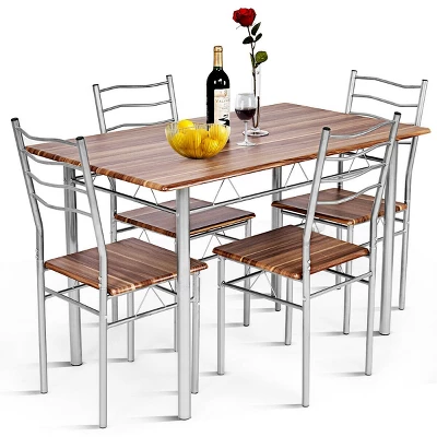 Costway 5 Piece Dining Table Set Wood Metal Kitchen Breakfast Furniture W/4 Chair Walnut 9 Costway 5 Piece Dining Table Set Wood Metal Kitchen Breakfast Furniture W/4 Chair Walnut - Image 7