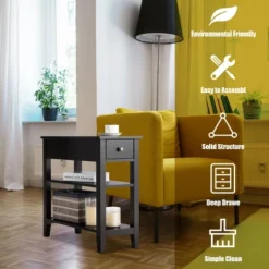 3Tier Nightstand Bedside Table Sofa Side End Table W/Double Shelves Drawer Black -Costway GUEST dd4dfeca 0af9 45f8 925b f2e97ed369e3