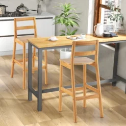 Costway Set Of 2 Solid Rubber Wood Bar Stools 28'' Dining Chairs With Backrests Natural -Costway GUEST de523514 12a7 48de b654 bb473a257bbf