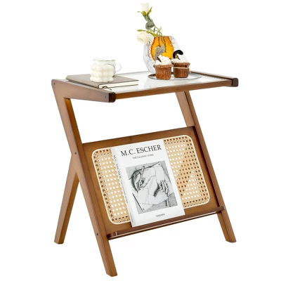 Costway Rattan Side Table Bamboo Accent Bedside Table With Tempered Glass Top Walnut/Natural 12 Costway Rattan Side Table Bamboo Accent Bedside Table With Tempered Glass Top Walnut/Natural - Image 10