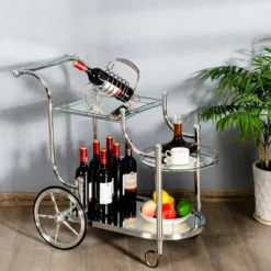 Costway Kitchen Cart Tea Cart Glass Shelves & Metal Frame With Wheels