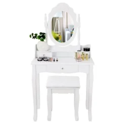 Costway White Vanity Wood Makeup Dressing Table Stool 3 Drawer -Costway GUEST e12324ff c7ba 4ea5 a925 035ee19d1e4e