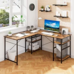 Costway 95'' Convertible L-shaped Corner Computer Desk 2-Person Long Desk Shelves Rustic/Black/Grey/Natural