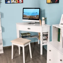 Costway Triangle Computer Desk Corner Office Desk Laptop Table W/ Drawer Shelves Rustic White -Costway GUEST e48715d8 e70f 4388 bf85 1fb1329af84e