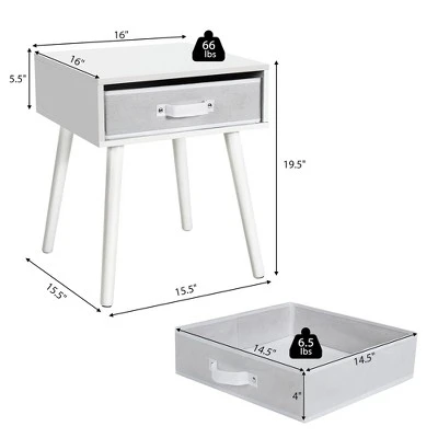 Costway Mid-Century Nightstand End Accent Bedside Table W/ Fabric Drawer Rustic White 5 Costway Mid-Century Nightstand End Accent Bedside Table W/ Fabric Drawer Rustic White - Image 3