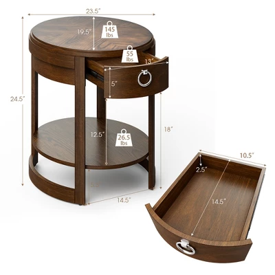 Costway Side End Table With Drawer Storage Shelf Classic Accents Nightstand Walnut Elliptical 4 Costway Side End Table With Drawer Storage Shelf Classic Accents Nightstand Walnut Elliptical - Image 2