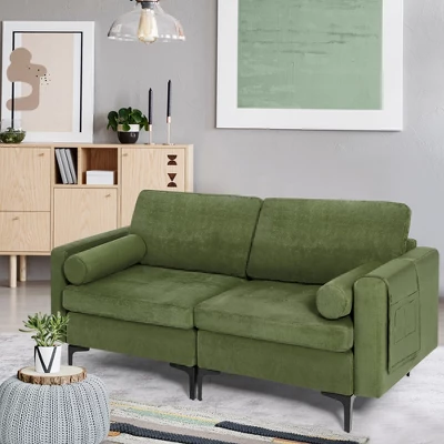 Costway Modern Loveseat 2-Seat Sofa Couch W/ 2 Bolsters & Side Storage Pocket Army Green 4 Costway Modern Loveseat 2-Seat Sofa Couch W/ 2 Bolsters & Side Storage Pocket Army Green - Image 2
