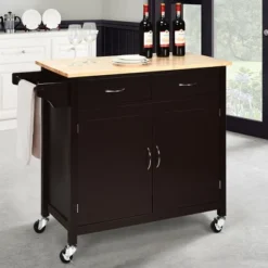 Costway Modern Rolling Kitchen Cart Island Wood Top Storage Trolley Cabinet Utility Brown