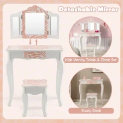 Costway Kid Vanity Set Wooden Makeup Table Stool Tri-Folding Mirror Zebra-Stripe Pink -Costway GUEST e746d9ed 2bf0 4d3e b9df c9541c81f1a5