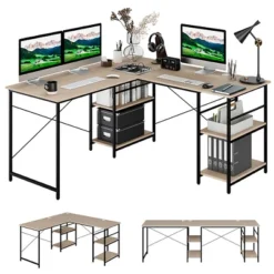 Costway 95'' Convertible L-shaped Corner Computer Desk 2-Person Long Desk Shelves Rustic/Black/Grey/Natural -Costway GUEST e916f9c9 d580 47ac ba30 25488e6c264c