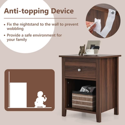 Costway Nightstand Bedside Table With Drawer & Open Shelf For Living Room Bedroom Walnut/Brown 9 Costway Nightstand Bedside Table With Drawer & Open Shelf For Living Room Bedroom Walnut/Brown - Image 7