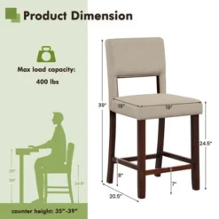 Costway Set Of 2 Upholstered Linen Bar Stools 24.5'' Wooden Dining Chairs With Back Beige/Brown -Costway GUEST eac014bf 0de6 43a9 875c d92357e806c8