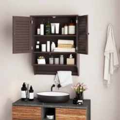 Costway Bathroom Wall Mounted Medicine Cabinet With Louvered Doors & Towel Bar Espresso/Grey/White -Costway GUEST eb1fa124 3517 40c8 a6d4 5f8a104f83b6