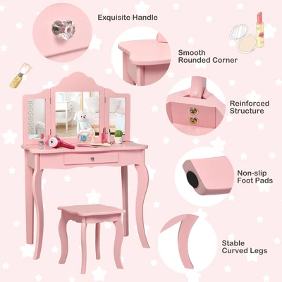Costway Kids Vanity Table & Stool Princess Dressing Make Up Play Set For Girls Pink 7 Costway Kids Vanity Table & Stool Princess Dressing Make Up Play Set For Girls Pink - Image 5