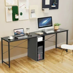 Costway 2 Person Computer Desk Double Workstation Office Desk W/ Storage Rustic Brown Black/Brown