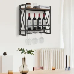 Costway Wall Mounted Wine Rack Industrial 2-Tier Wood Shelf With 3 Stem Glass Holders