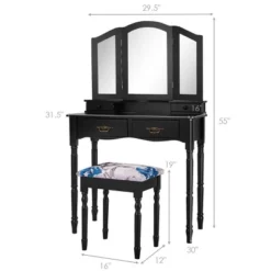 Costway Black Tri Folding Mirror Vanity Makeup Table Stool 4 Drawers -Costway GUEST ede71e21 bf9d 4120 b9c3 584c77452b64
