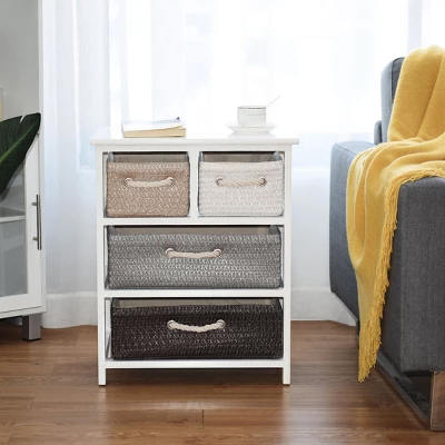 Costway Storage Drawer Unit 4 Woven Basket Cabinet Chest Bedside Table Nightstand 4 Costway Storage Drawer Unit 4 Woven Basket Cabinet Chest Bedside Table Nightstand - Image 2