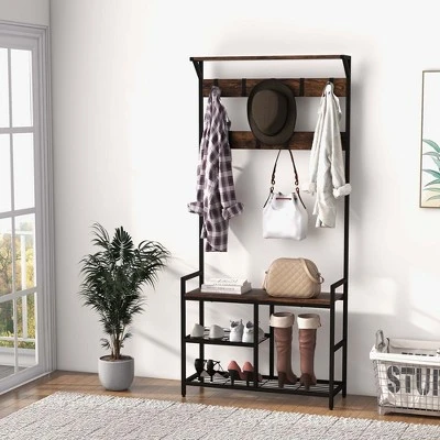 Costway 71'' Coat Rack Hall Tree With Shoe Bench Industrial Entryway Storage Shelf With Hooks 3 Costway 71'' Coat Rack Hall Tree With Shoe Bench Industrial Entryway Storage Shelf With Hooks