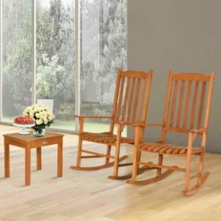 Costway 3 PCS Eucalyptus Rocking Chair Set W/ Coffee Table 2 Wood Conversation Chairs -Costway GUEST ef18a08a 4ecd 4749 974a 29f2bcab75bb