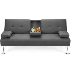 Costway Convertible Folding Futon Sofa Bed Fabric W/2 Cup Holders Light Gray/Dark Gray -Costway GUEST efe01799 c01b 40b8 9616 10f9e18aea16