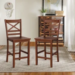Costway Set Of 4 Bar Stools 24'' Counter Height Chairs W/ Rubber Wood Legs Walnut -Costway GUEST f007a1e2 7451 4ca0 99ea 583744a29e61