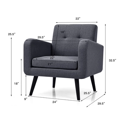Costway Mid Century Accent Chair Fabric Arm Chair Single Sofa W/Rubber Wood Legs BlueGrey 4 Costway Mid Century Accent Chair Fabric Arm Chair Single Sofa W/Rubber Wood Legs BlueGrey - Image 2