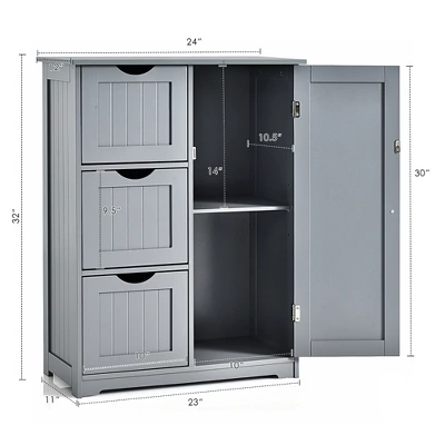 Costway Bathroom Floor Cabinet Side Storage Cabinet With 3 Drawers And 1 Cupboard Grey Black 4 Costway Bathroom Floor Cabinet Side Storage Cabinet With 3 Drawers And 1 Cupboard Grey Black - Image 2