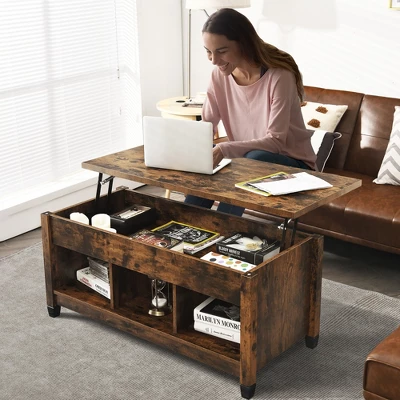 Costway Lift Top Coffee Table W/ Hidden Compartment And Storage Shelves Coffee 5 Costway Lift Top Coffee Table W/ Hidden Compartment And Storage Shelves Coffee - Image 3