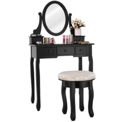 Costway Vanity Table Makeup Table Cushioned Mirror 5 Drawers Black -Costway GUEST f5307e06 2e1e 40bc 9524 95db11aed3bc