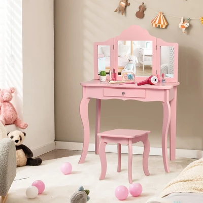 Costway Kids Vanity Table & Stool Princess Dressing Make Up Play Set For Girls Pink 9 Costway Kids Vanity Table & Stool Princess Dressing Make Up Play Set For Girls Pink - Image 7