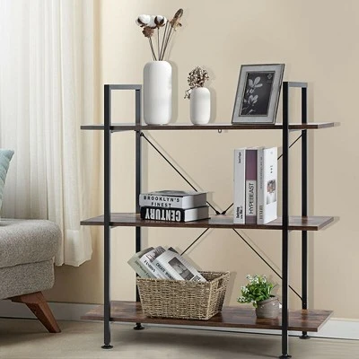 Costway 3-Tier Bookshelf Industrial Bookcase Display Shelf Storage Rack Rustic Brown 4 Costway 3-Tier Bookshelf Industrial Bookcase Display Shelf Storage Rack Rustic Brown - Image 2