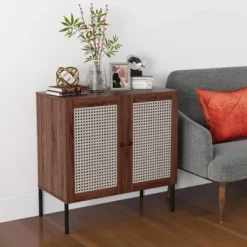 Costway Rattan Buffet Sideboard Wine Cabinet Cupboard With Adjustable Shelf Oak/Walnut