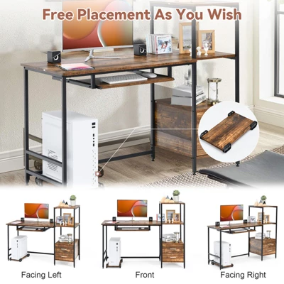 Costway Computer Desk Home Office Desk With Shelves 2 Drawers Keyboard Tray & Movable CPU Stand Study Desk Laptop Table Small Space Rustic Brown 10 Costway Computer Desk Home Office Desk With Shelves 2 Drawers Keyboard Tray & Movable CPU Stand Study Desk Laptop Table Small Space Rustic Brown - Image 8