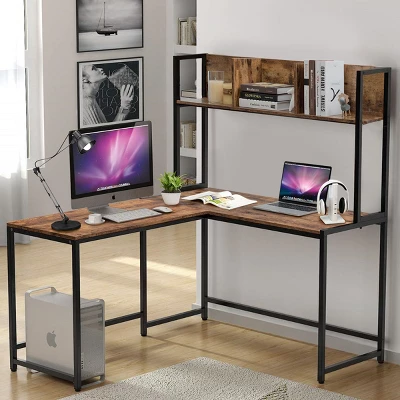 Costway Industrial L-Shaped Desk W/Hutch Bookshelf 55'' Corner Computer Desk Gaming Table 3 Costway Industrial L-Shaped Desk W/Hutch Bookshelf 55'' Corner Computer Desk Gaming Table