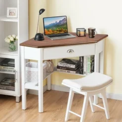 Costway Triangle Computer Desk Corner Office Desk Laptop Table W/ Drawer Shelves Rustic Natural &White