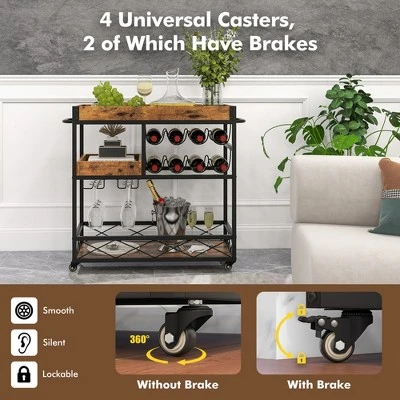 Costway 3-Tier Mobile Bar Serving Cart Liquor Storage Trolley With Removable Tray Wine Rack 8 Costway 3-Tier Mobile Bar Serving Cart Liquor Storage Trolley With Removable Tray Wine Rack - Image 6