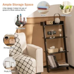 Costway 4-Tier Ladder Shelf Leaning Bookshelf WithAnti-falling Baffle Wood Bookcase Black/White -Costway GUEST f739536e 4d0b 40c6 b6fc a536e6ceaaaf