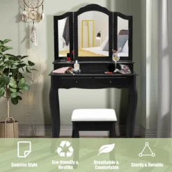 Costway Vanity Makeup Dressing Table Set W/Stool 4 Drawer&Mirror Jewelry Wood Desk Black -Costway GUEST f9169438 b43c 413e a694 bc0b3179f5e2
