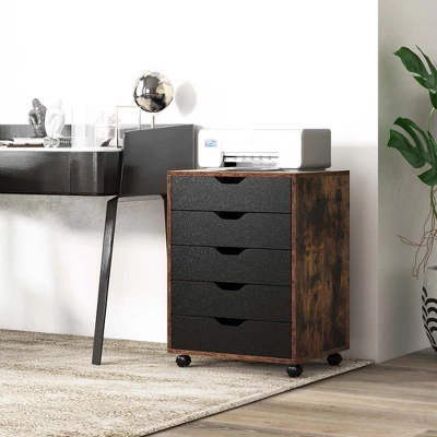 Costway 5 Drawer Chest Storage Dresser Floor Cabinet Organizer With Wheels Rustic Brown 4 Costway 5 Drawer Chest Storage Dresser Floor Cabinet Organizer With Wheels Rustic Brown - Image 2