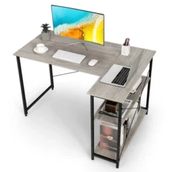 Costway 48'' Reversible L Shaped Computer Desk Home Office Table Adjustable Shelf BrownGrayNatural -Costway GUEST f9ec028a 77f4 4194 a119 5df20e2acbc3