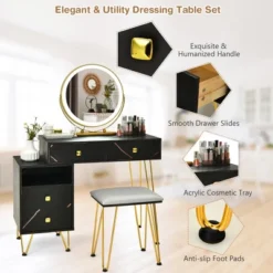 Costway Vanity Table Stool Set Dimmer LED Mirror Large Storage Cabinet Drawer Walnut BlackBrownWhite -Costway GUEST faa2c5e9 3f12 408f 9652 b7523a97645a