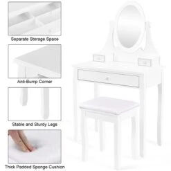 Costway Wooden Vanity Makeup Dressing Table Stool Set Bathroom White -Costway GUEST fad2f098 7951 4625 976e 1e31df1f84df