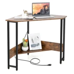 Costway Triangle Computer Desk Corner Desk Home Office With Power Outlets USB Ports Black/Rustic -Costway GUEST fb10717b bb98 4f78 8ec3 c2660a1996a0
