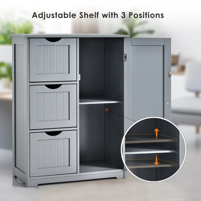 Costway Bathroom Floor Cabinet Side Storage Cabinet With 3 Drawers And 1 Cupboard Grey Black 6 Costway Bathroom Floor Cabinet Side Storage Cabinet With 3 Drawers And 1 Cupboard Grey Black - Image 4