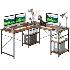Costway 95'' Convertible L-shaped Corner Computer Desk 2-Person Long Desk Shelves Rustic/Black/Grey/Natural -Costway GUEST fb3707a6 aeca 414c ae2a 3daa78646c31