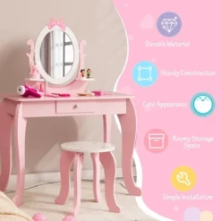 Costway Kid Vanity Table Stool Set With Adjustable Mirror Storage Drawer Makeup Pink -Costway GUEST fb94d9ce 78b9 4634 bd63 26a668a3345d